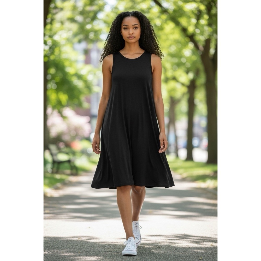 HaoMeiLi Black Sleeveless Swing Dress Women's Size Small‎ NWT Midi Casual